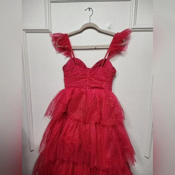 Lulus Fabulous Poise Bright Red Tulle Ruffled Tiered Maxi Dress Party Prom - Picture 10 of 11